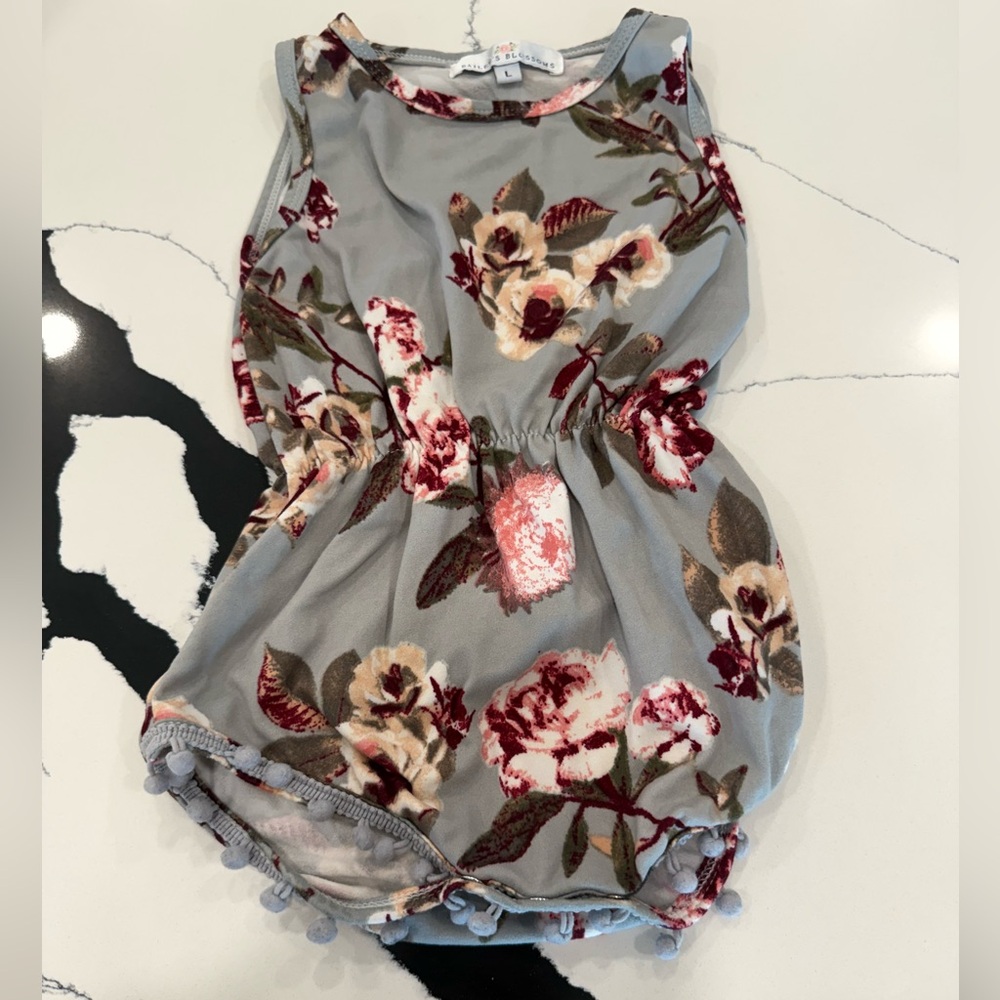 Baileys blossoms baby Floral Sleeveless Romper with Pom Pom Trim L